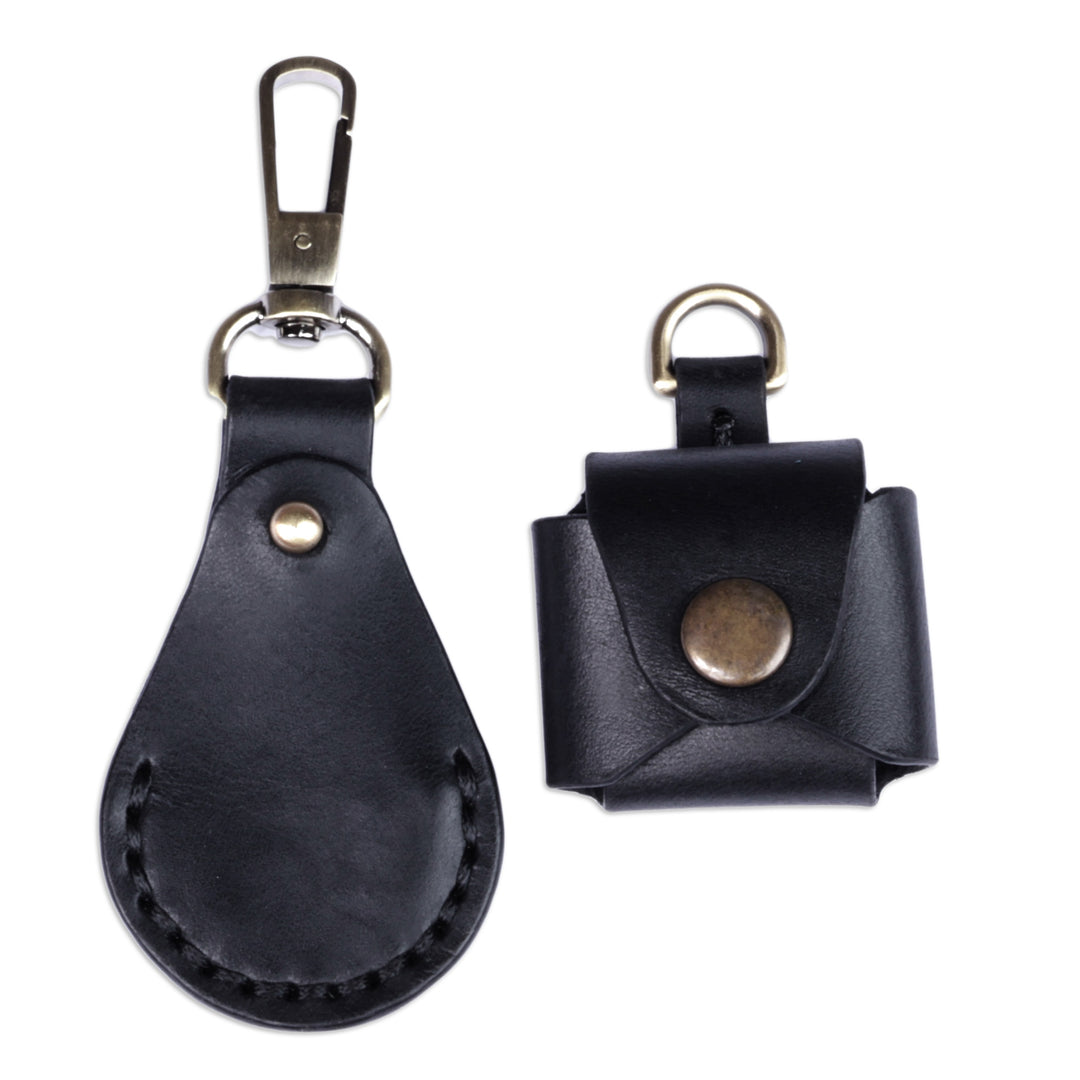 100% Black Leather Earbud Holder and Keychain Set - Lucky Melody in Black