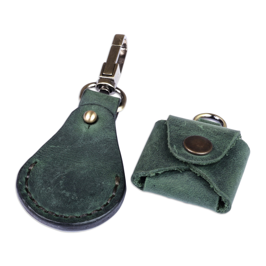 100% Green Leather Earbud Holder and Keychain Set - Lucky Melody in Green
