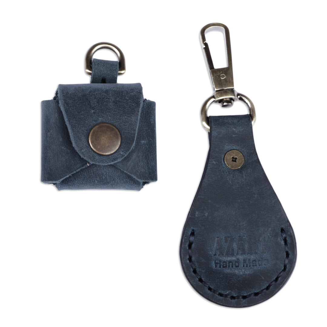 100% Blue Leather Earbud Holder and Keychain Set - Grab and Go