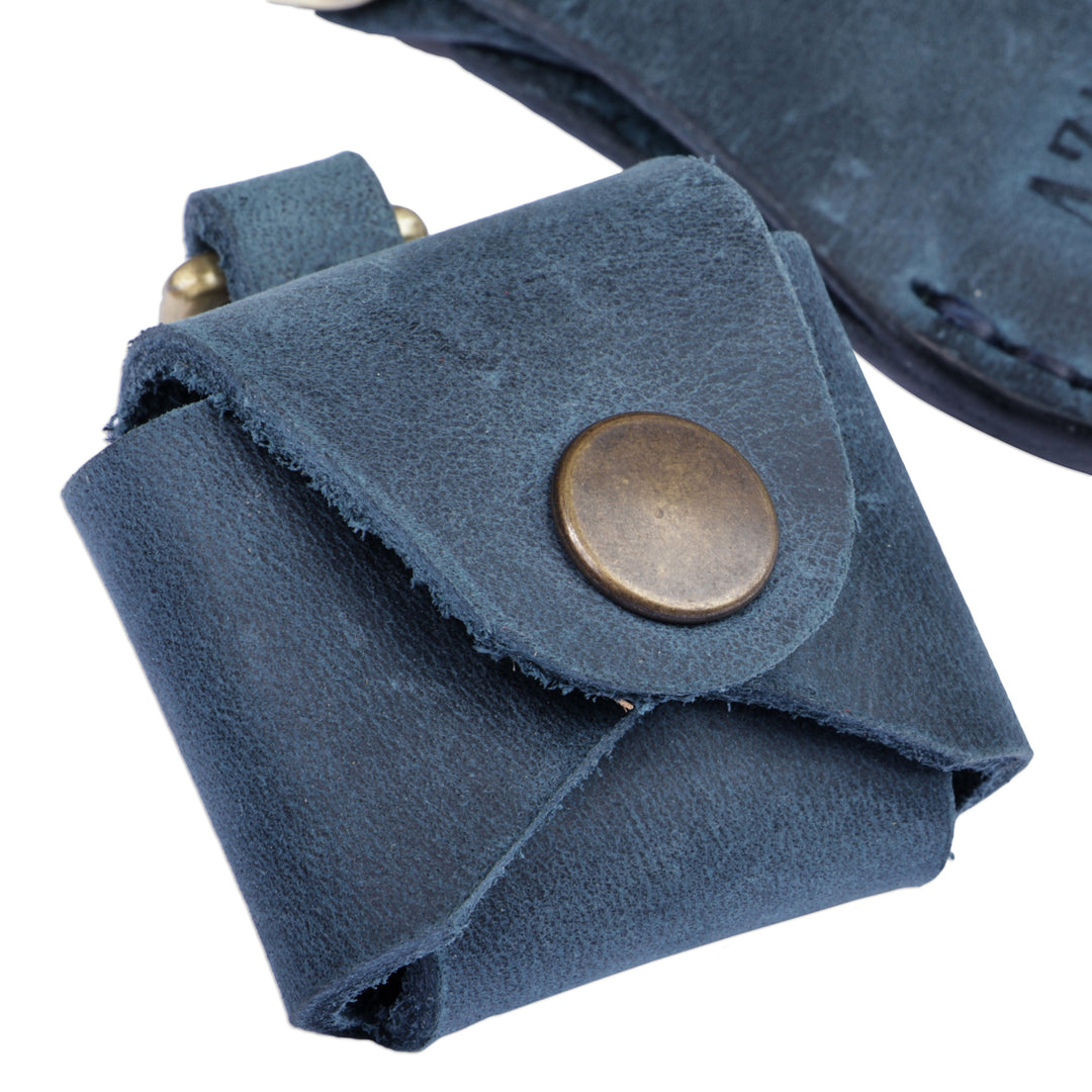 100% Blue Leather Earbud Holder and Keychain Set - Grab and Go