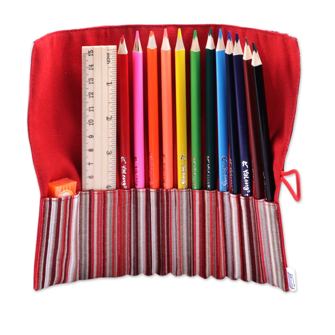 Wooden Colored Pencil Set and Red Cotton Roll Case - Creative Crimson