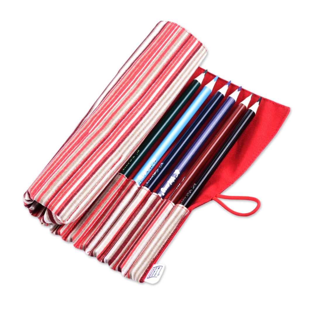 Wooden Colored Pencil Set and Red Cotton Roll Case - Creative Crimson