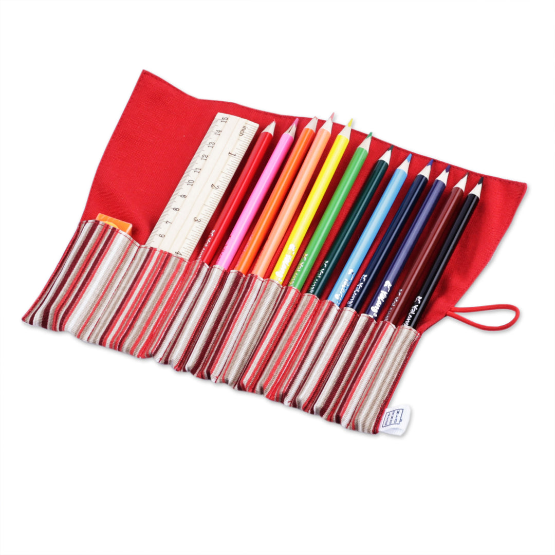 Wooden Colored Pencil Set and Red Cotton Roll Case - Creative Crimson