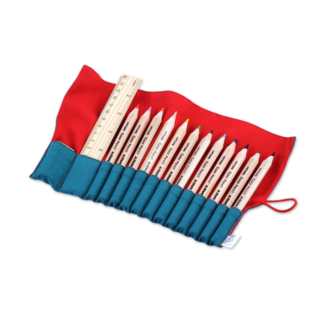 Wooden Colored Pencil Set with Teal and Red Cotton Roll Case - Passion Palette