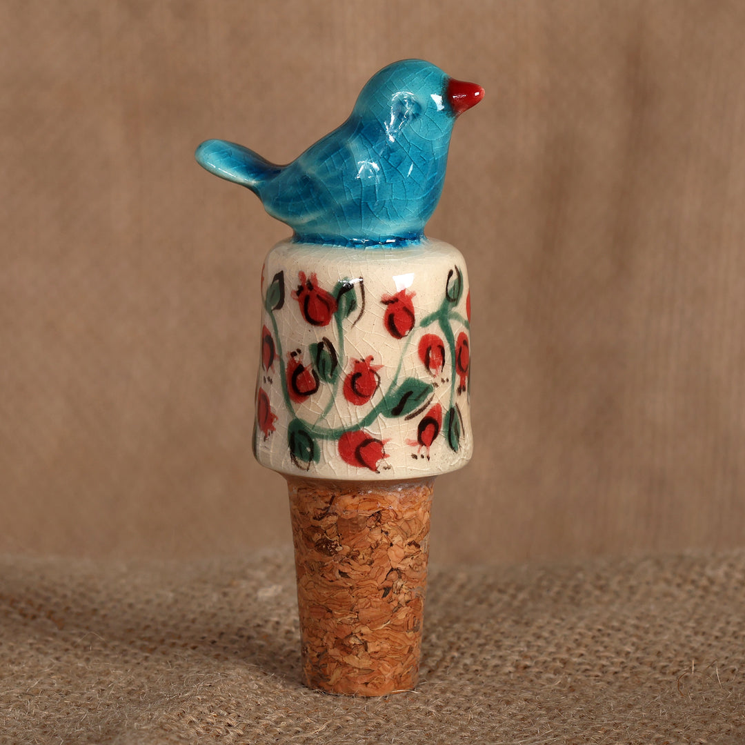 Spring-Themed Ceramic Bottle Stopper with Blue Bird Detail - Spring Elixir