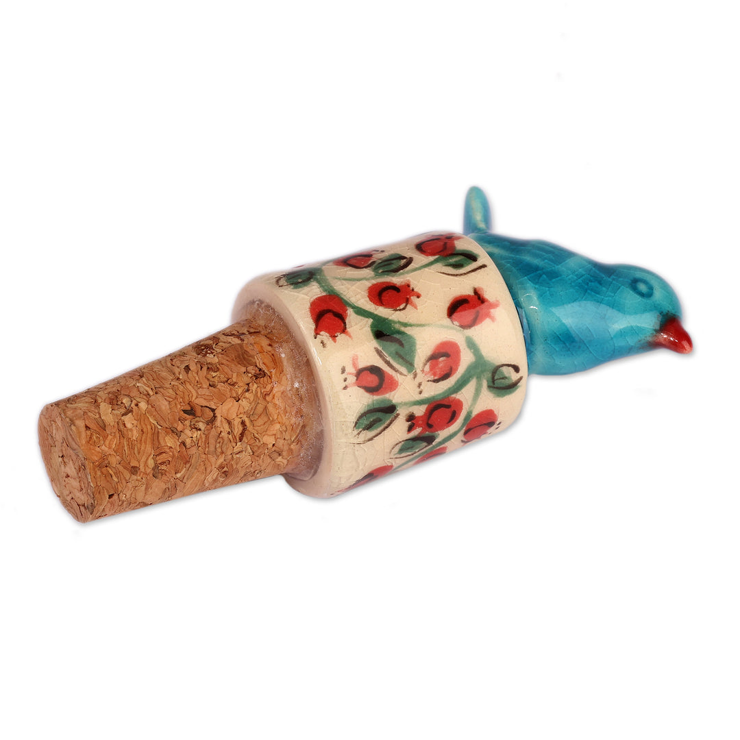 Spring-Themed Ceramic Bottle Stopper with Blue Bird Detail - Spring Elixir