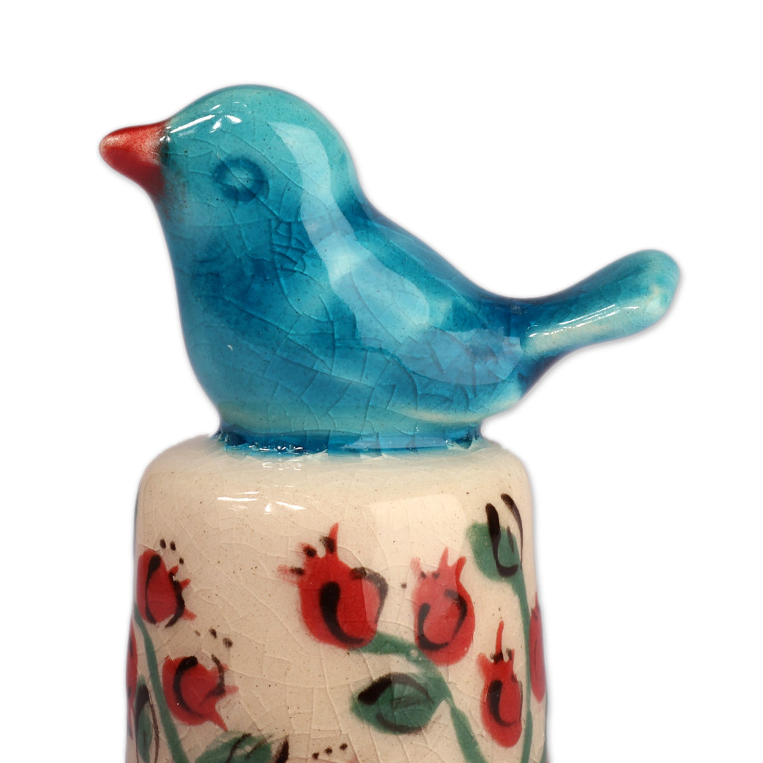Spring-Themed Ceramic Bottle Stopper with Blue Bird Detail - Spring Elixir