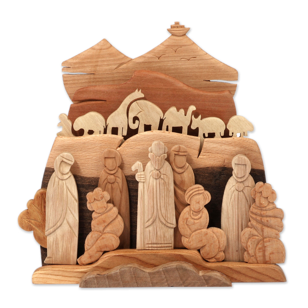 Christian-Inspired Wood Sculpture of Noah and His Family - Noah and Mount Ararat