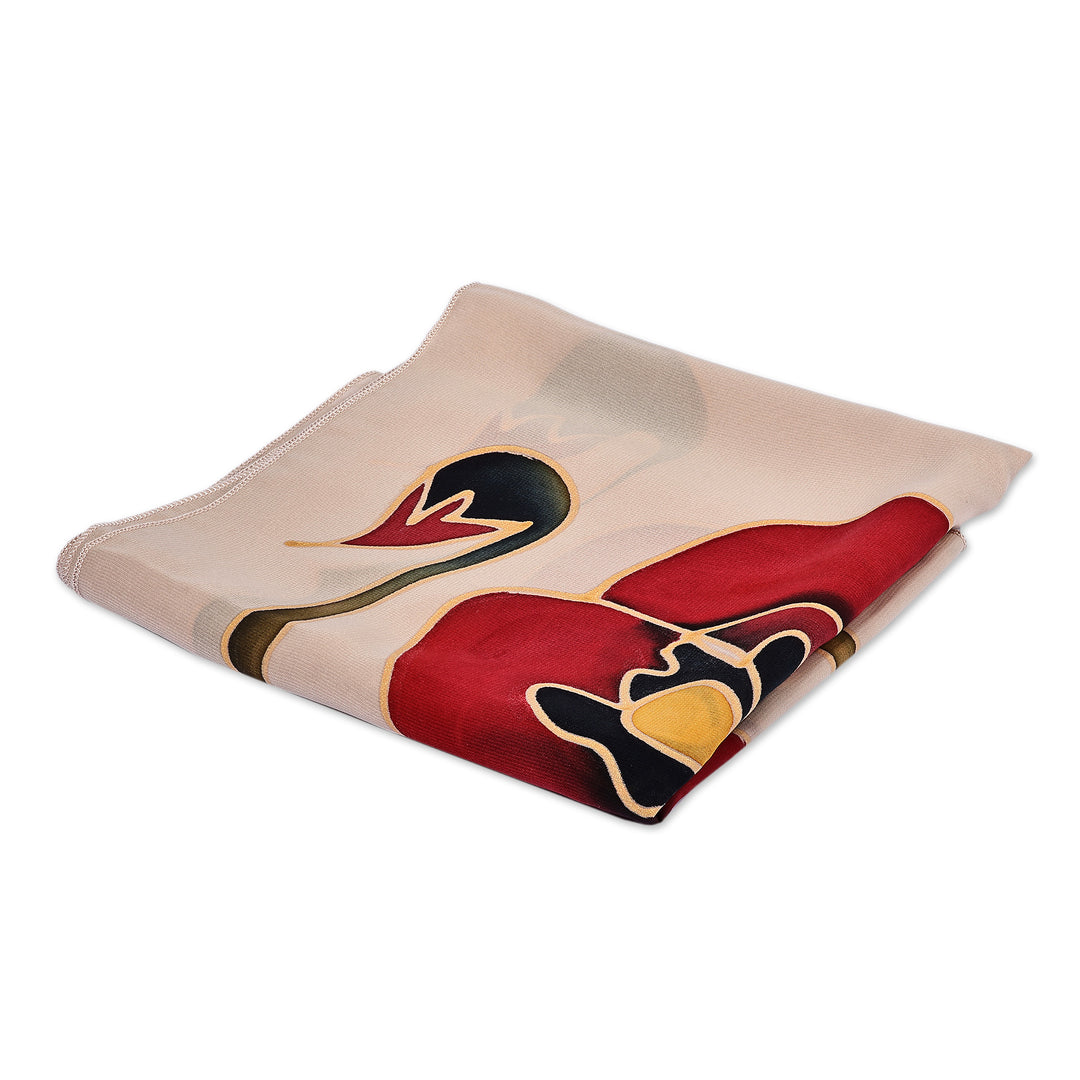 Armenian-Made Hand-Painted Red Tulip Silk Scarf in Beige - Romantic Tulip