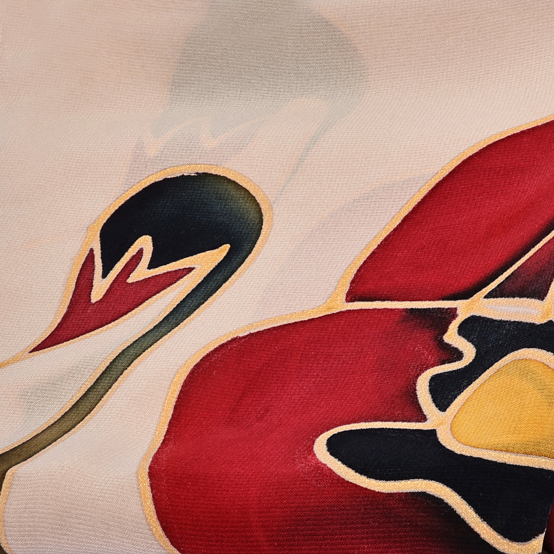 Armenian-Made Hand-Painted Red Tulip Silk Scarf in Beige - Romantic Tulip