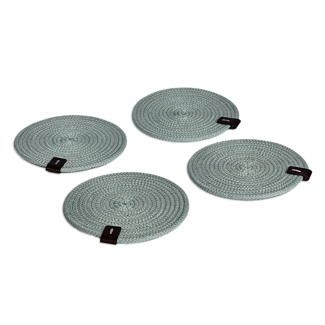 Set of 4 Cotton Rope Coasters in Mint with Leather Accents - Mint Zigzag