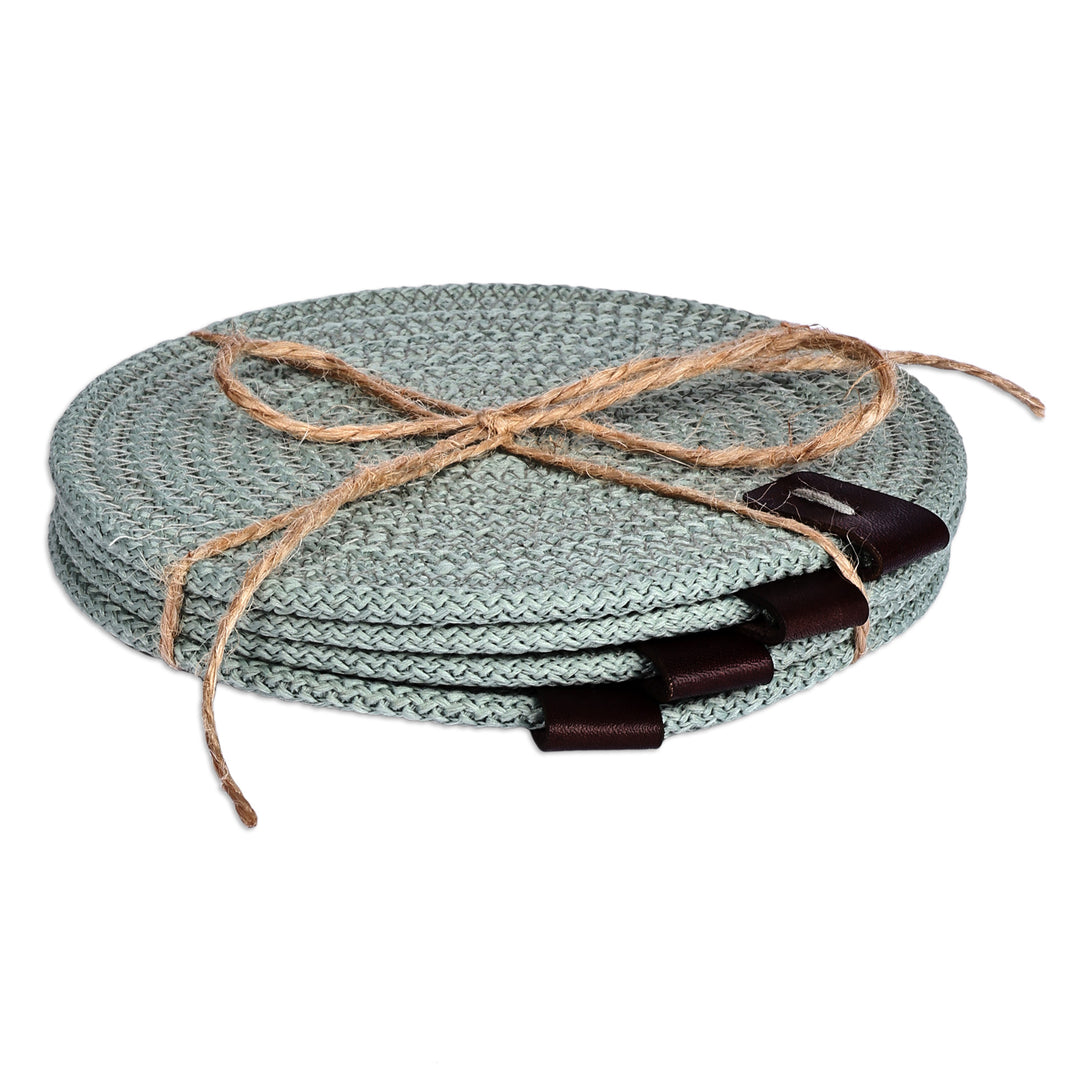Set of 4 Cotton Rope Coasters in Mint with Leather Accents - Mint Zigzag