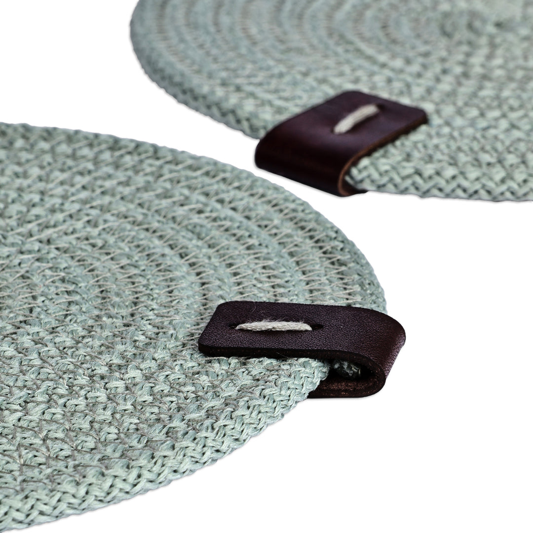 Set of 4 Cotton Rope Coasters in Mint with Leather Accents - Mint Zigzag