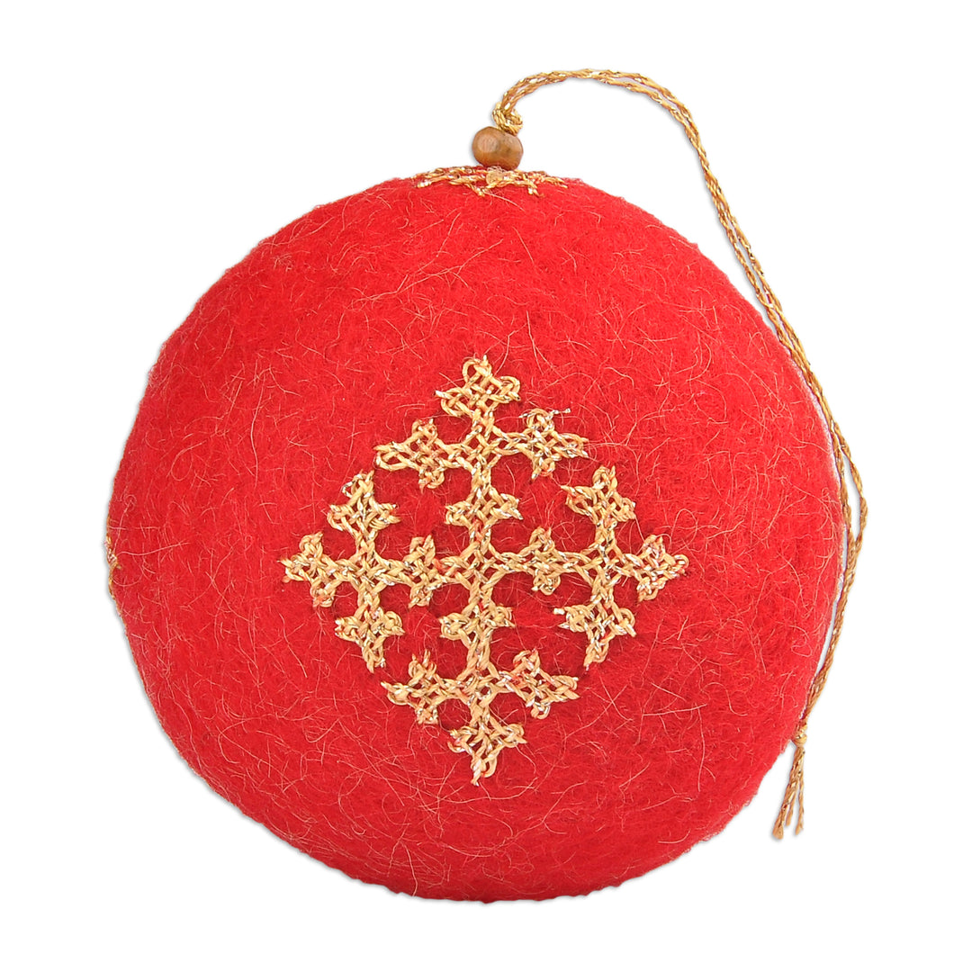 Handcrafted Embroidered Wool Egg Ornament in Red and Golden - Marash's Fruit