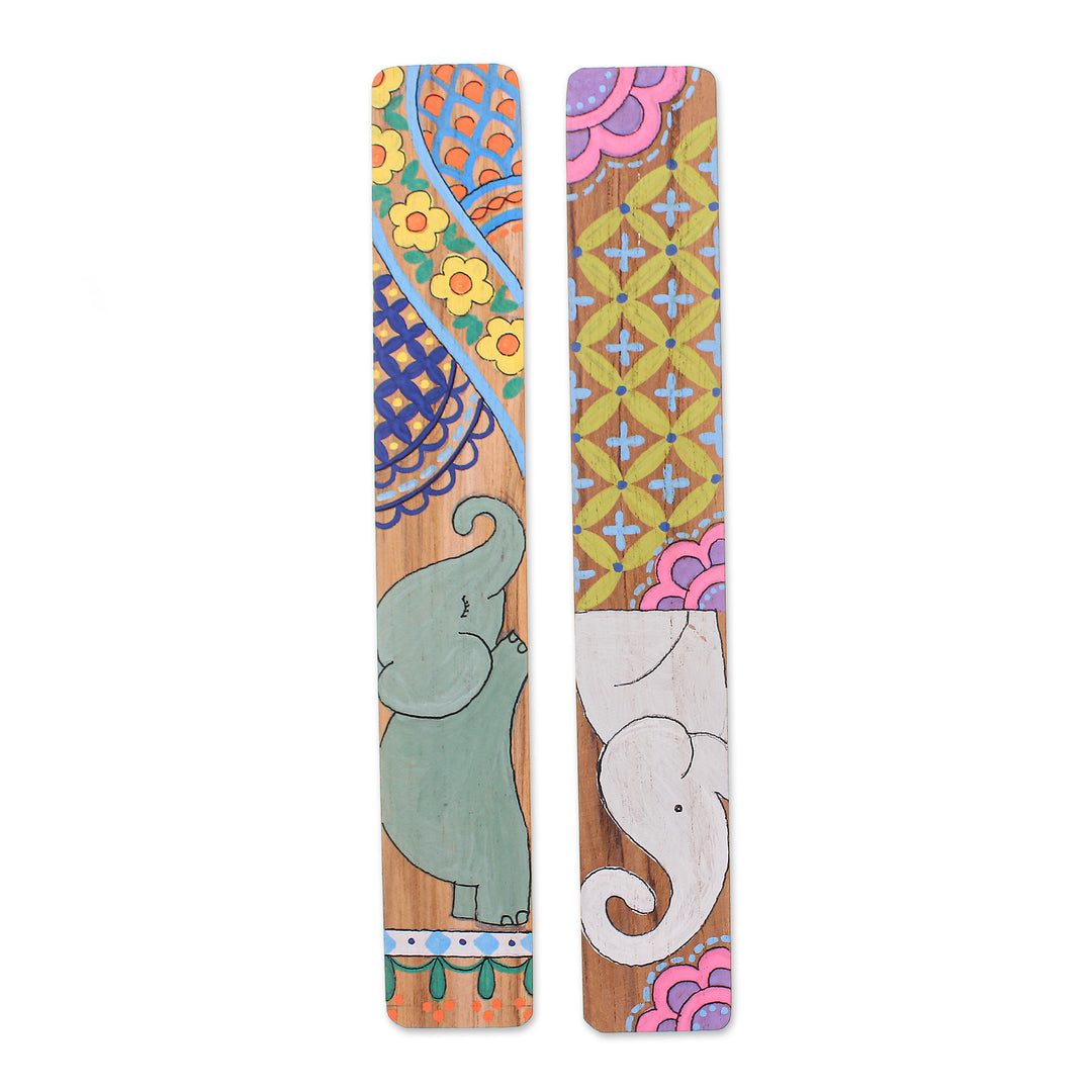 Whimsical Elephant-Themed 2-Piece Painted Wood Bookmark Set - Reading Trunks
