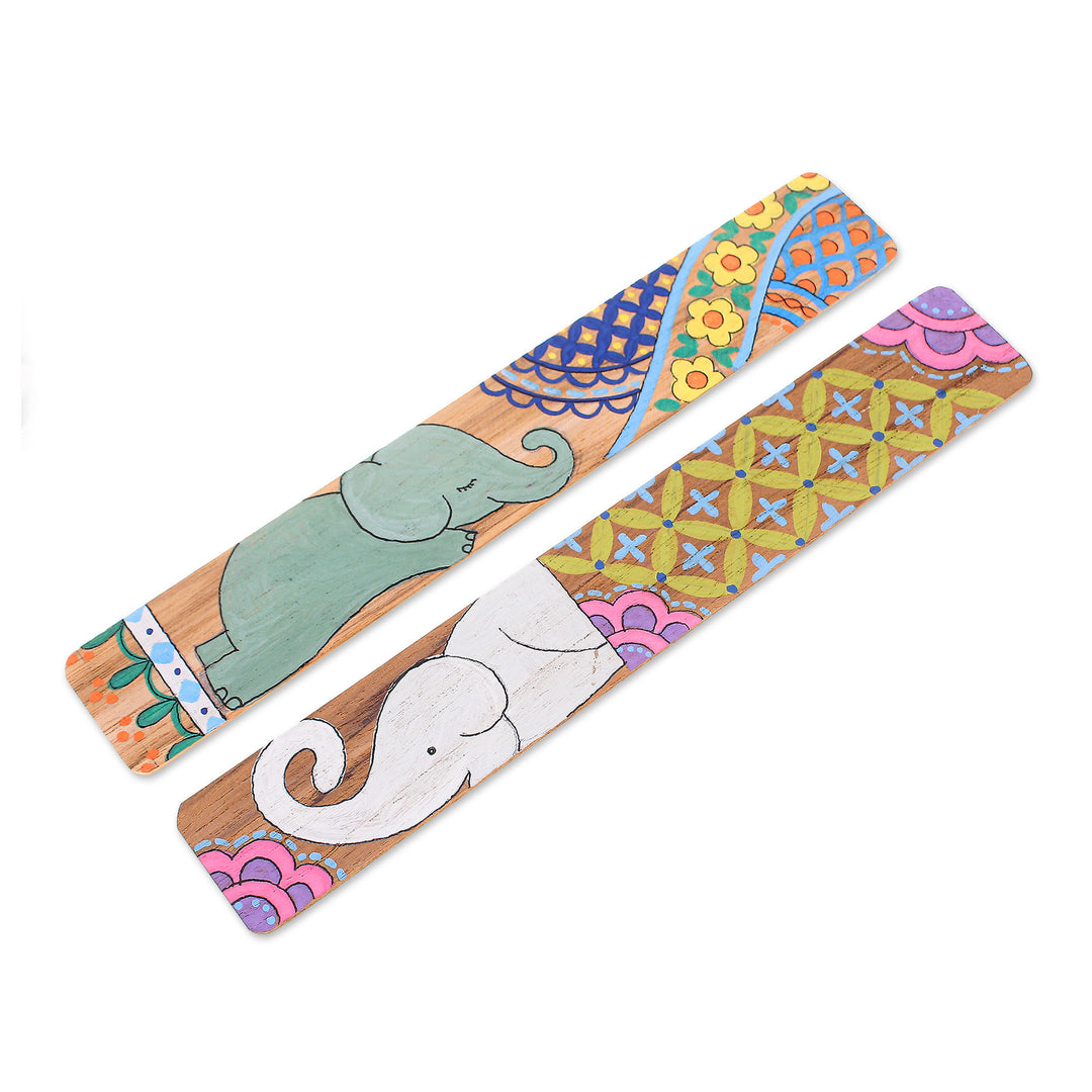 Whimsical Elephant-Themed 2-Piece Painted Wood Bookmark Set - Reading Trunks