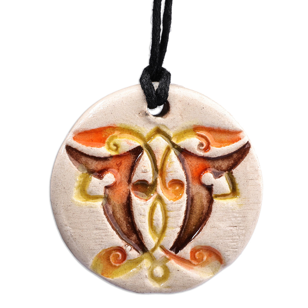 Hand-Painted Warm-Toned Leafy Round Ceramic Pendant Necklace - Solar Garden
