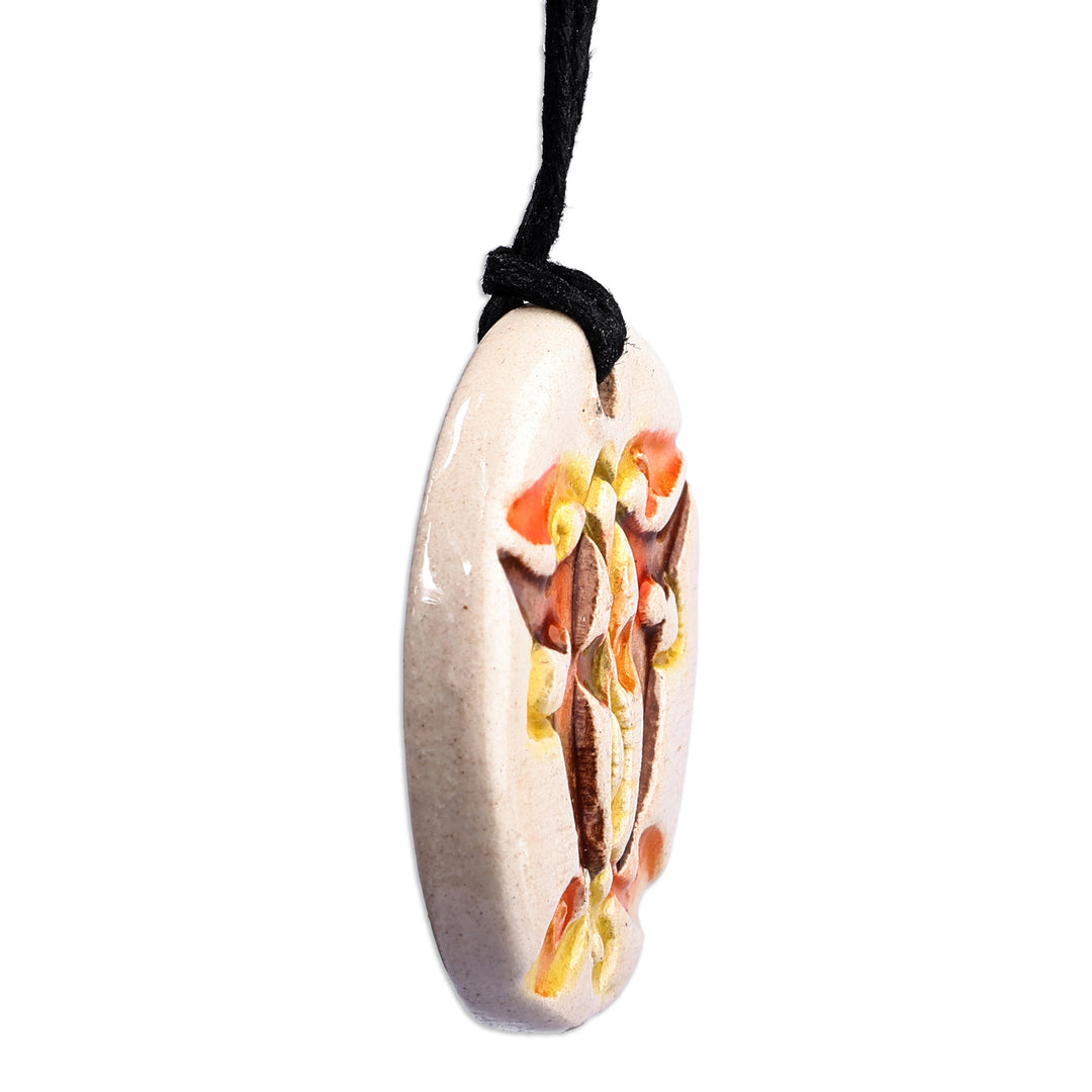 Hand-Painted Warm-Toned Leafy Round Ceramic Pendant Necklace - Solar Garden