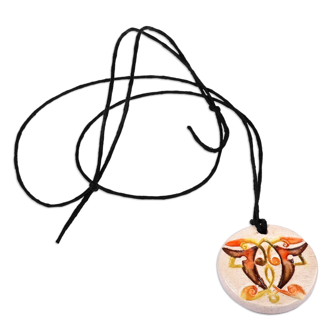 Hand-Painted Warm-Toned Leafy Round Ceramic Pendant Necklace - Solar Garden