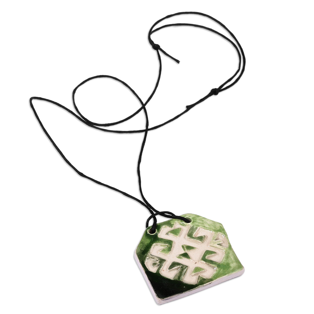 Hand-Painted Geometric Green Ceramic Pendant Necklace - Harmonious Vision