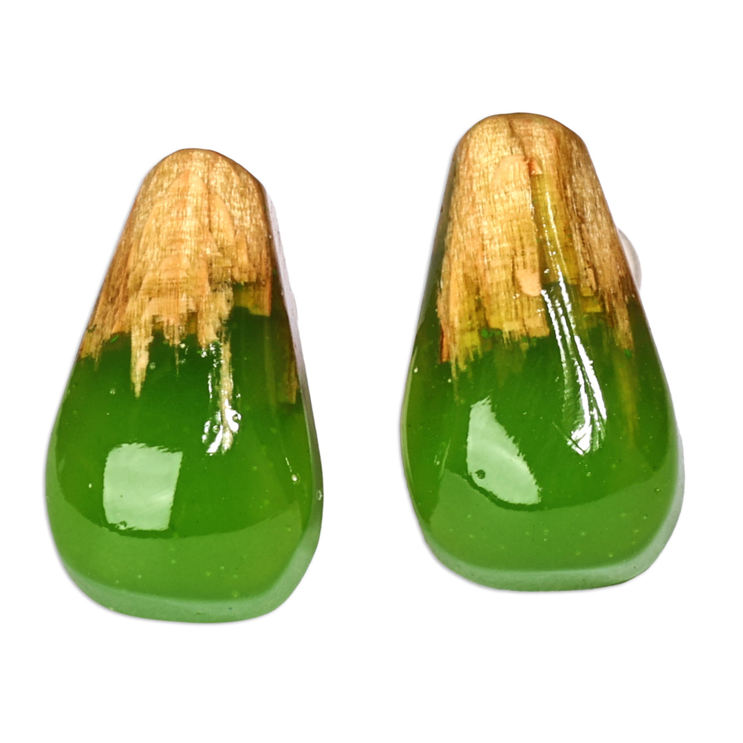 Handcrafted Apricot Wood and Green Resin Button Earrings - Nature's Vibe