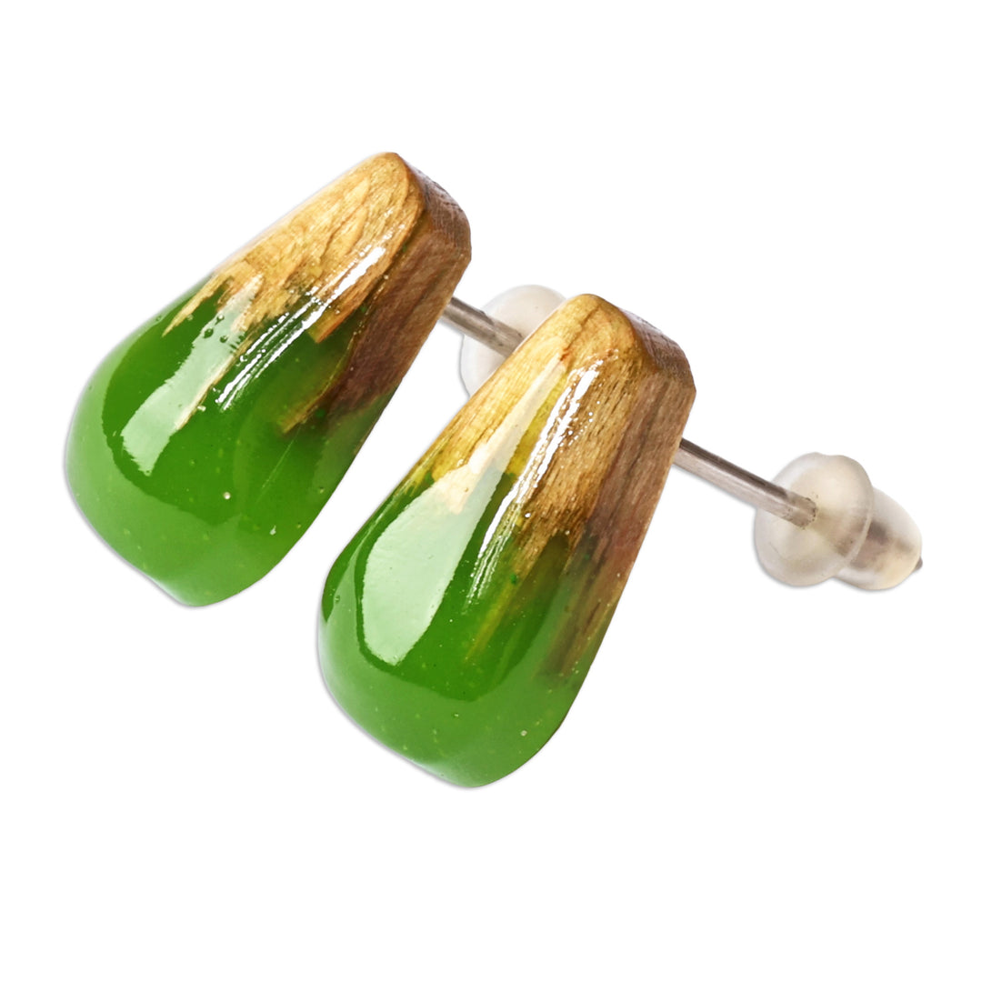 Handcrafted Apricot Wood and Green Resin Button Earrings - Nature's Vibe