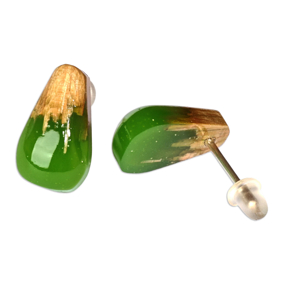 Handcrafted Apricot Wood and Green Resin Button Earrings - Nature's Vibe