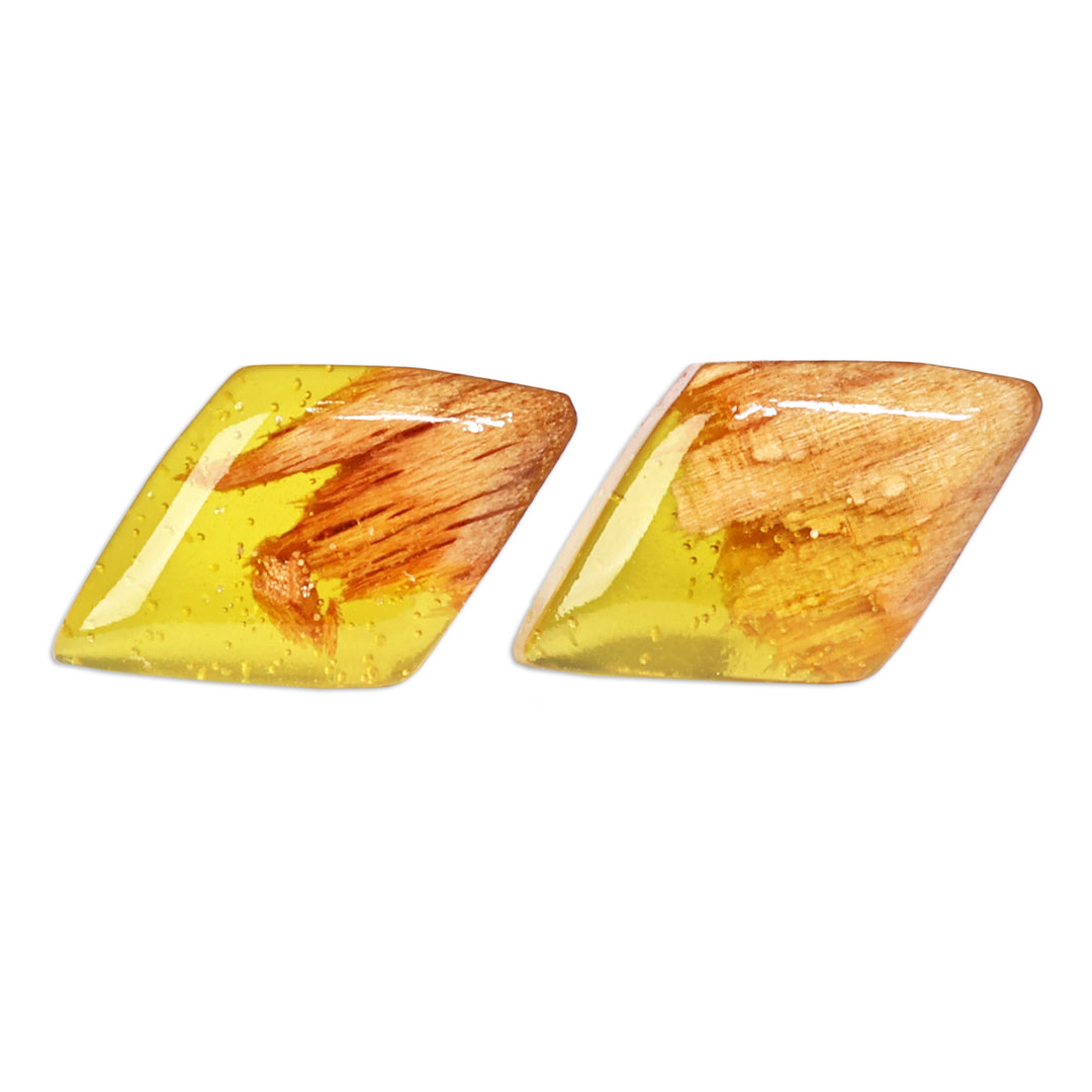 Diamond-Shaped Apricot Wood and Yellow Resin Button Earrings - Jewels From the Sun