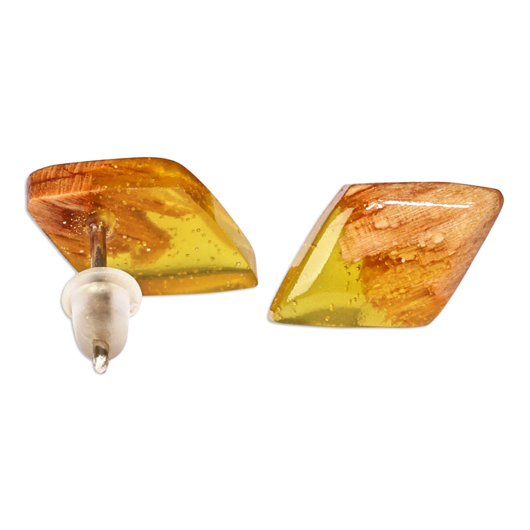 Diamond-Shaped Apricot Wood and Yellow Resin Button Earrings - Jewels From the Sun