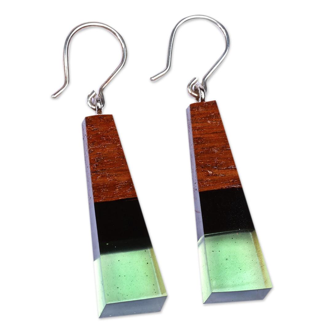 Geometric Walnut Wood and Green Resin Dangle Earrings - Green Balance