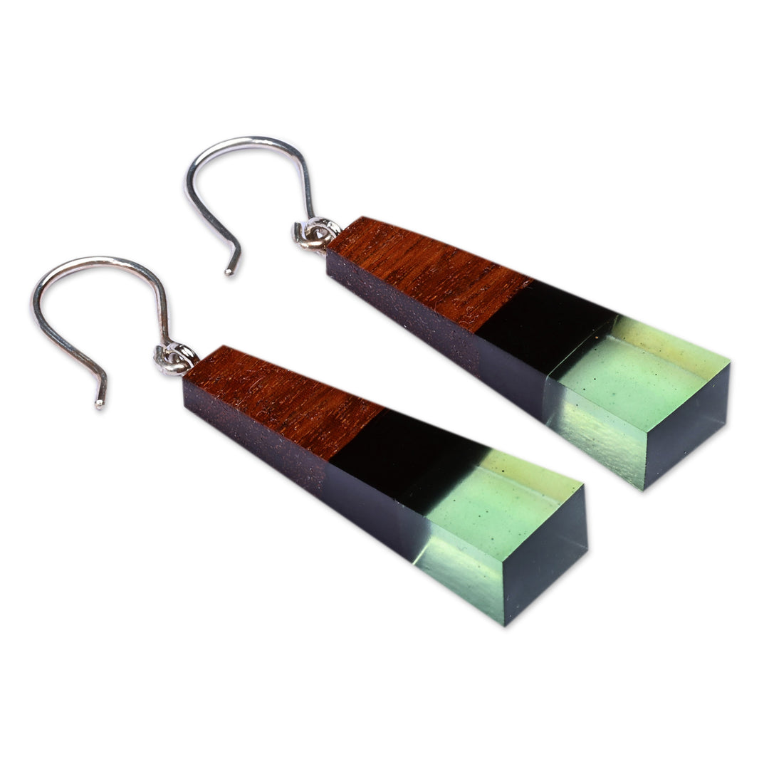 Geometric Walnut Wood and Green Resin Dangle Earrings - Green Balance