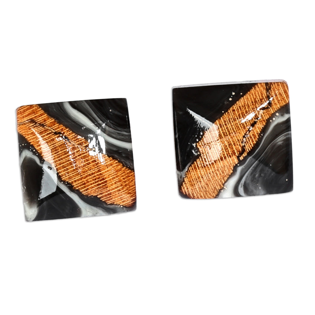 Diamond-Shaped Apricot Wood and Black Resin Button Earrings - Nocturnal Diamond