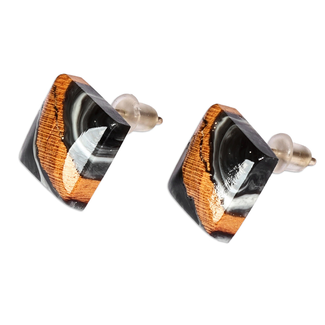 Diamond-Shaped Apricot Wood and Black Resin Button Earrings - Nocturnal Diamond