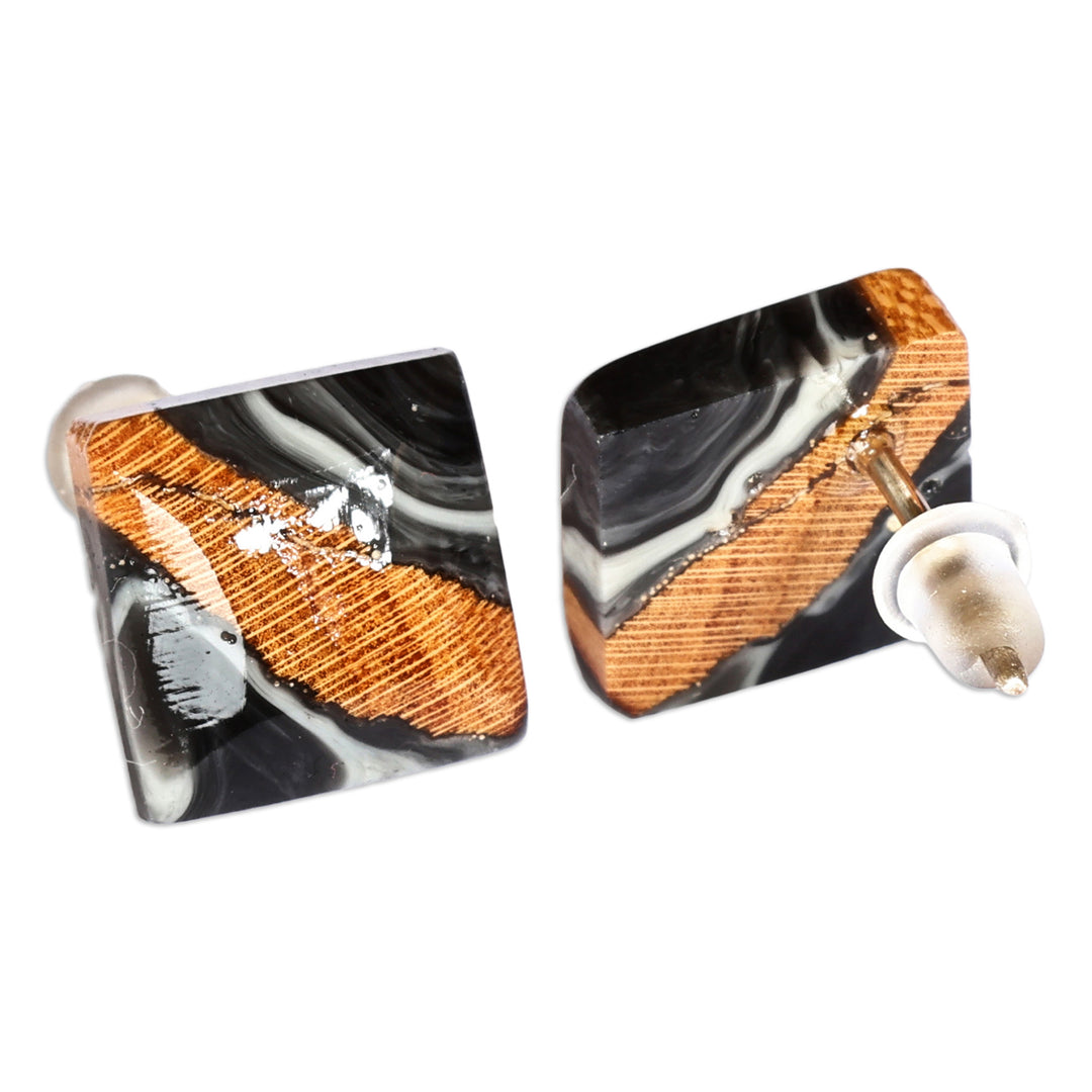 Diamond-Shaped Apricot Wood and Black Resin Button Earrings - Nocturnal Diamond