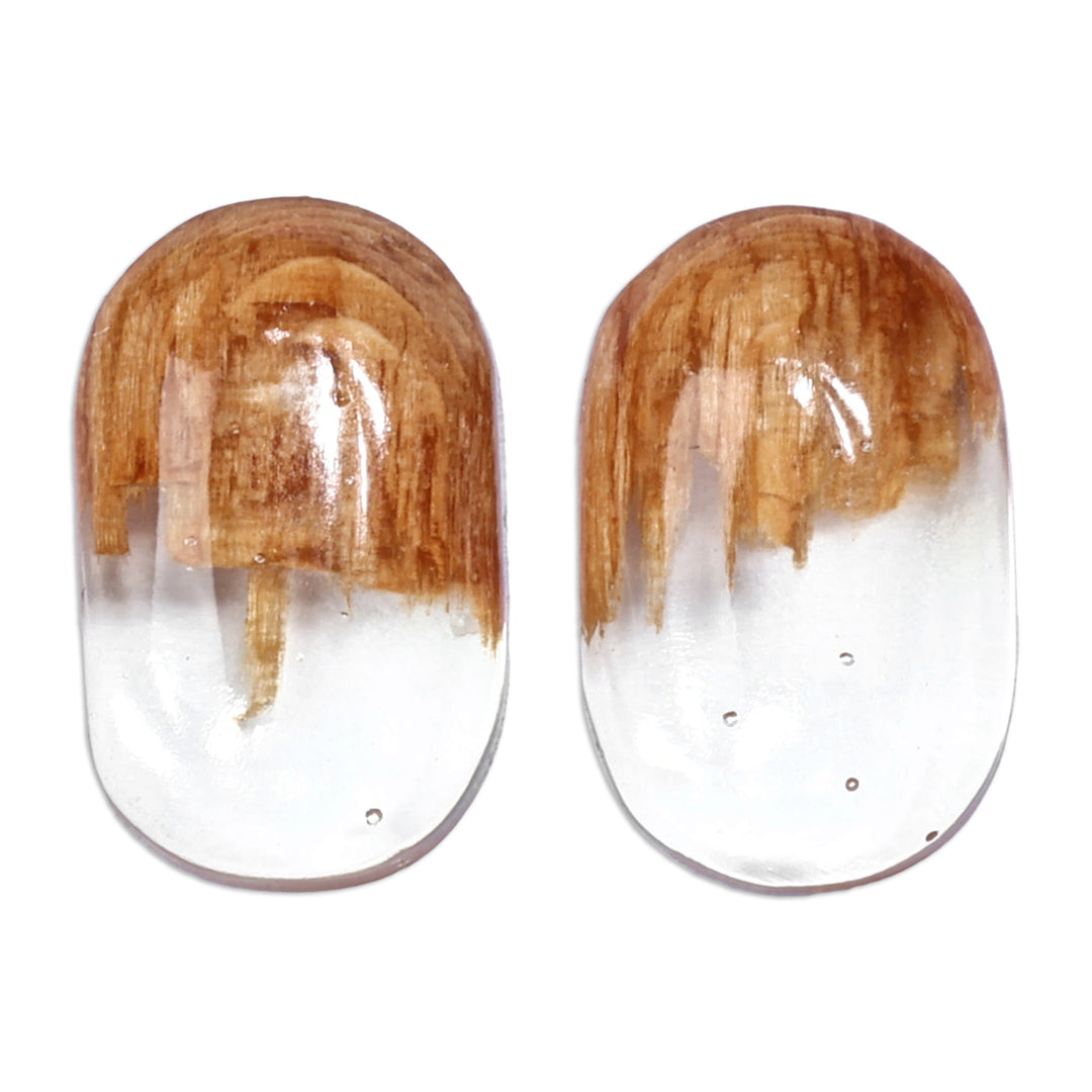 Handcrafted Apricot Wood and White Resin Button Earrings - Snow Bubble
