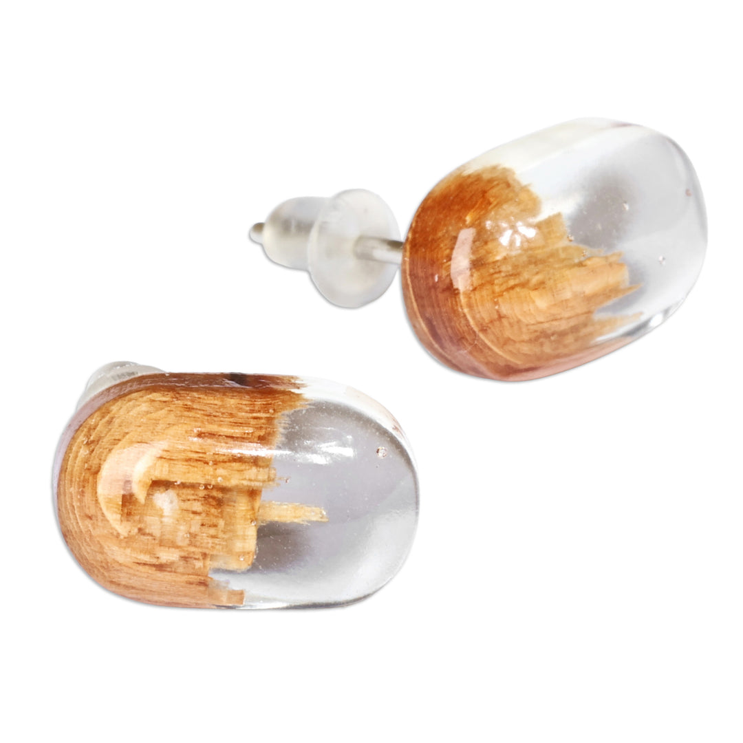 Handcrafted Apricot Wood and White Resin Button Earrings - Snow Bubble