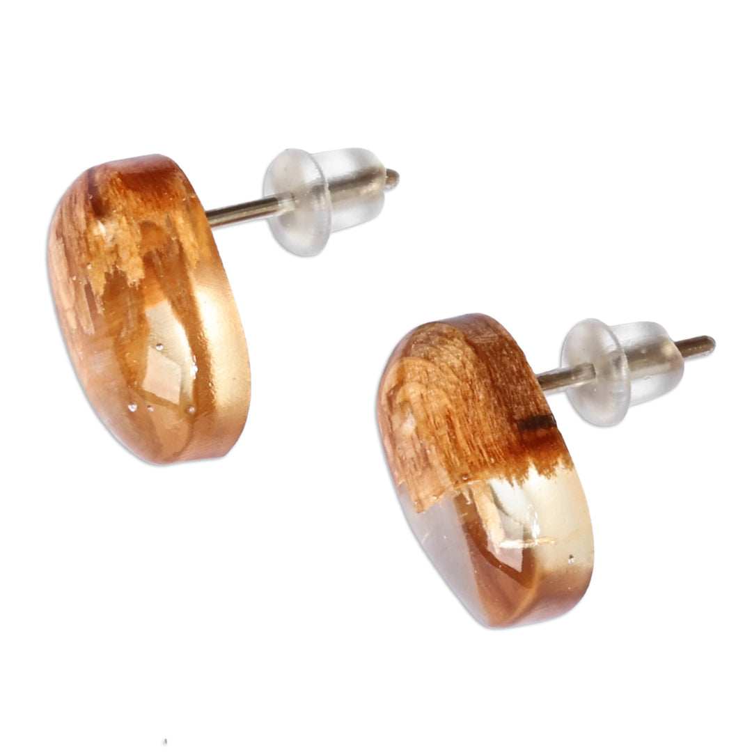 Handcrafted Apricot Wood and White Resin Button Earrings - Snow Bubble