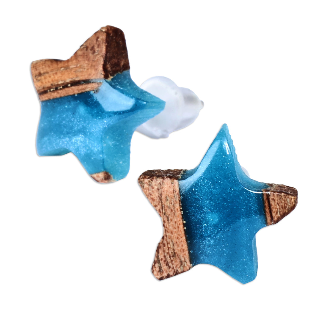 Star-Shaped Blue and Brown Walnut Wood Resin Stud Earrings - Sky Starlight
