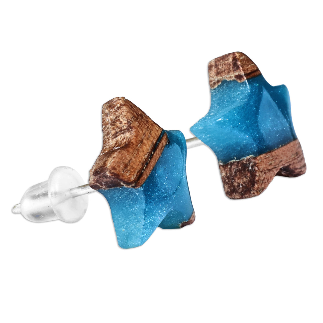 Star-Shaped Blue and Brown Walnut Wood Resin Stud Earrings - Sky Starlight