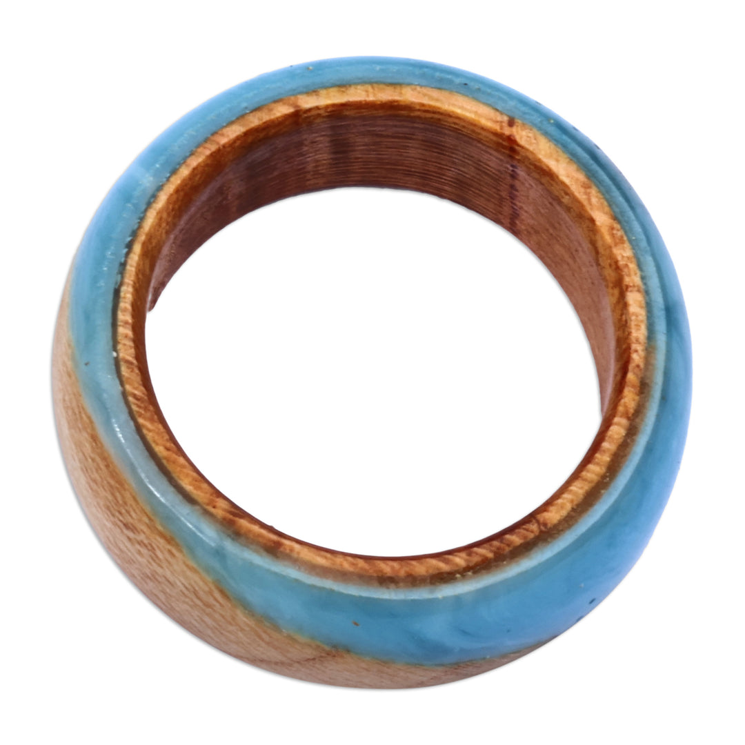 Handcrafted Apricot Wood and Resin Band Ring in Blue - Chic Dream