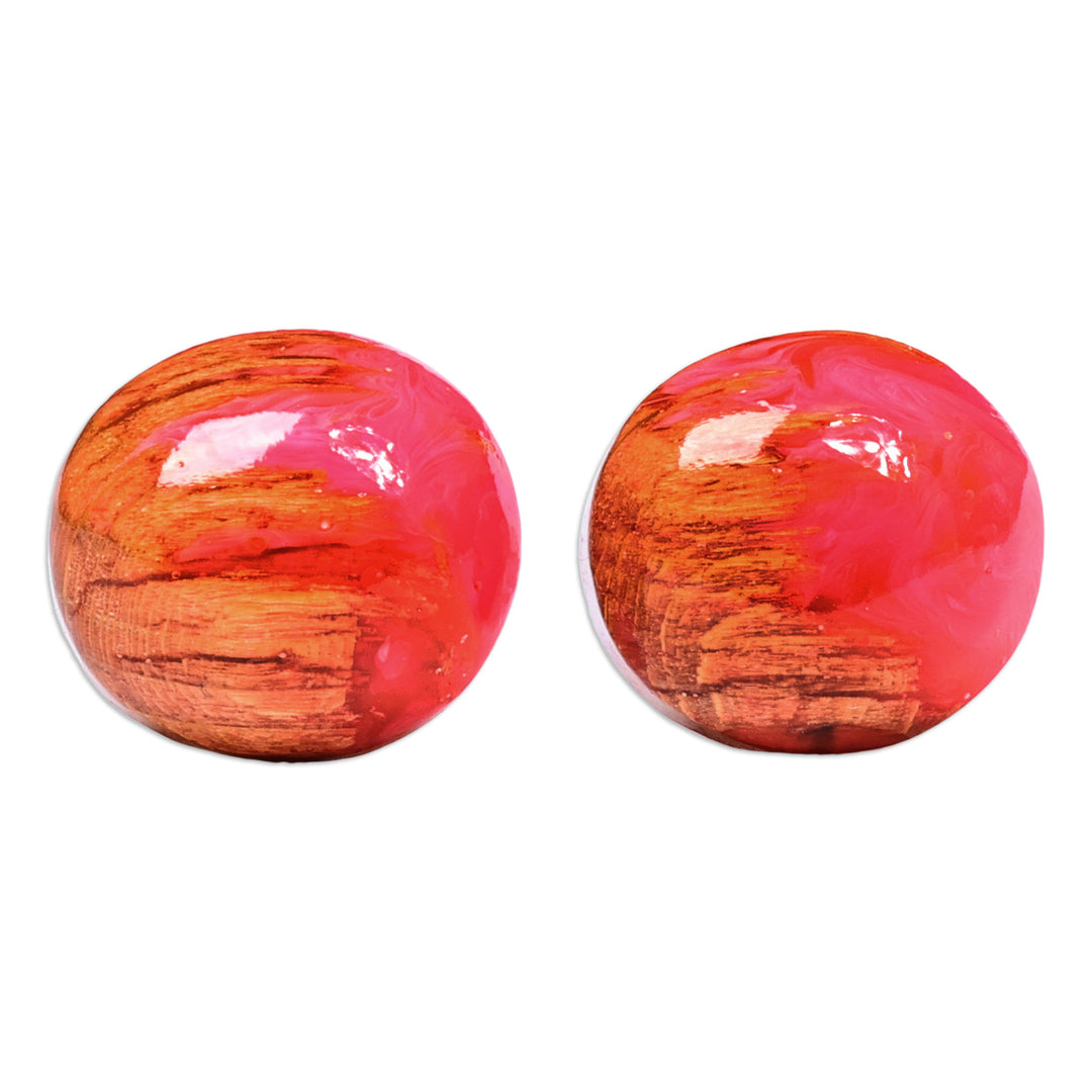 Round Beechwood and Pink Resin Stud Earrings from Armenia - Pink Forever