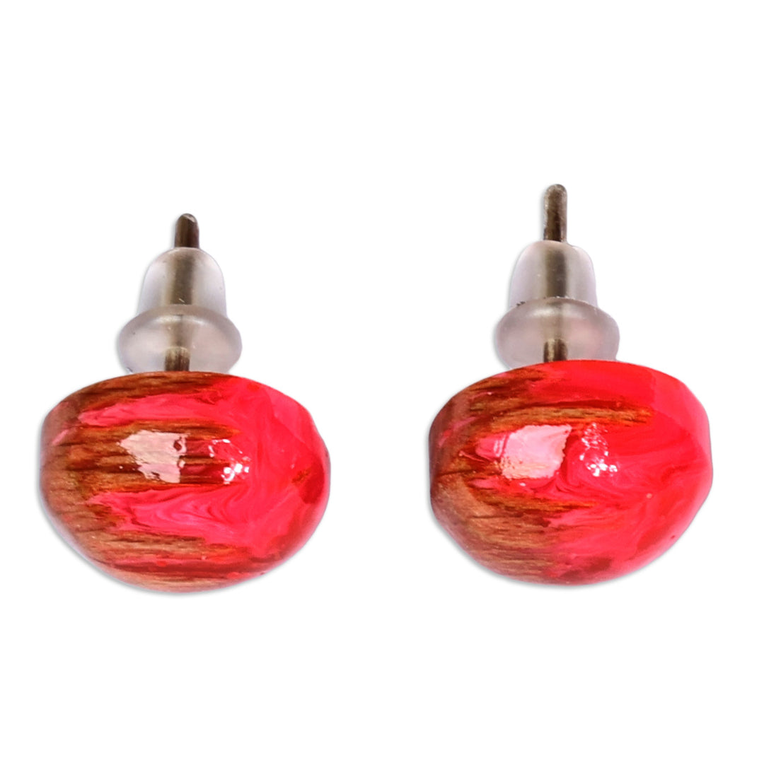 Round Beechwood and Pink Resin Stud Earrings from Armenia - Pink Forever