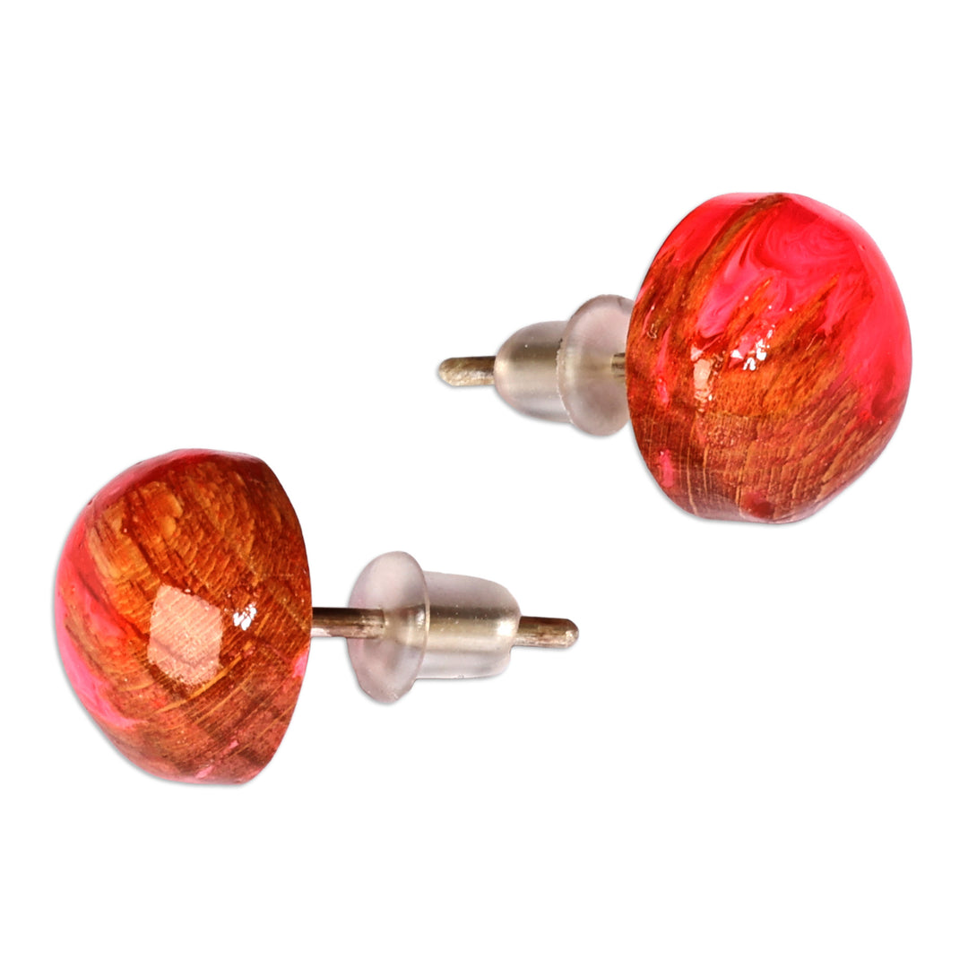 Round Beechwood and Pink Resin Stud Earrings from Armenia - Pink Forever