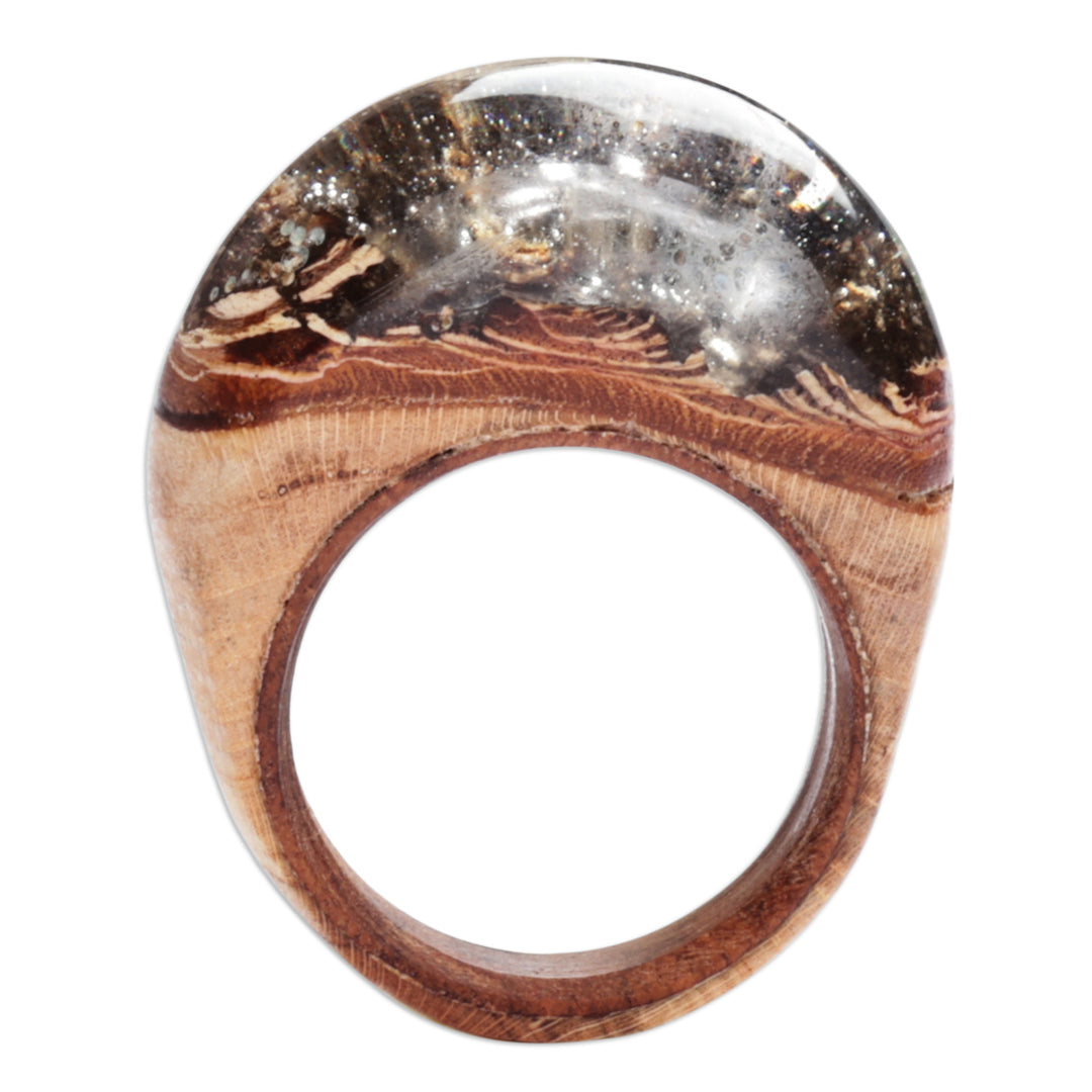 Handcrafted Wood and Resin Domed Ring in Brown and Black - Hypnotic Allure