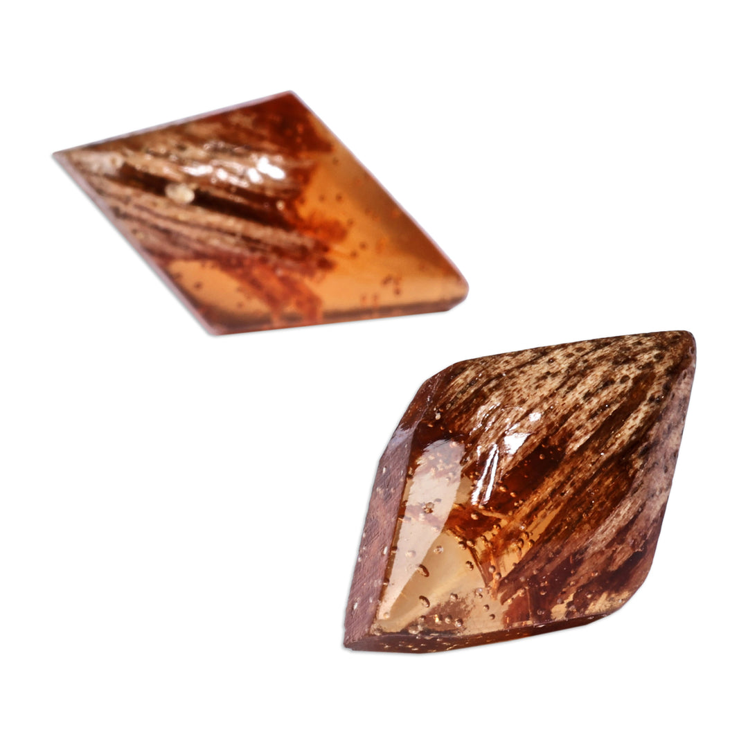 Diamond-Shaped Walnut Wood and Brown Resin Button Earrings - Jewels From the Forest
