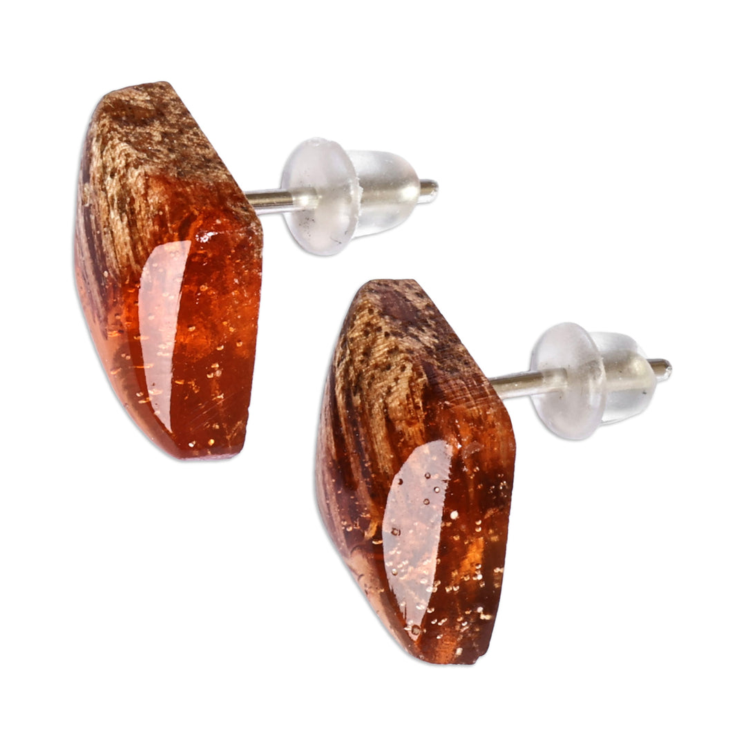 Diamond-Shaped Walnut Wood and Brown Resin Button Earrings - Jewels From the Forest