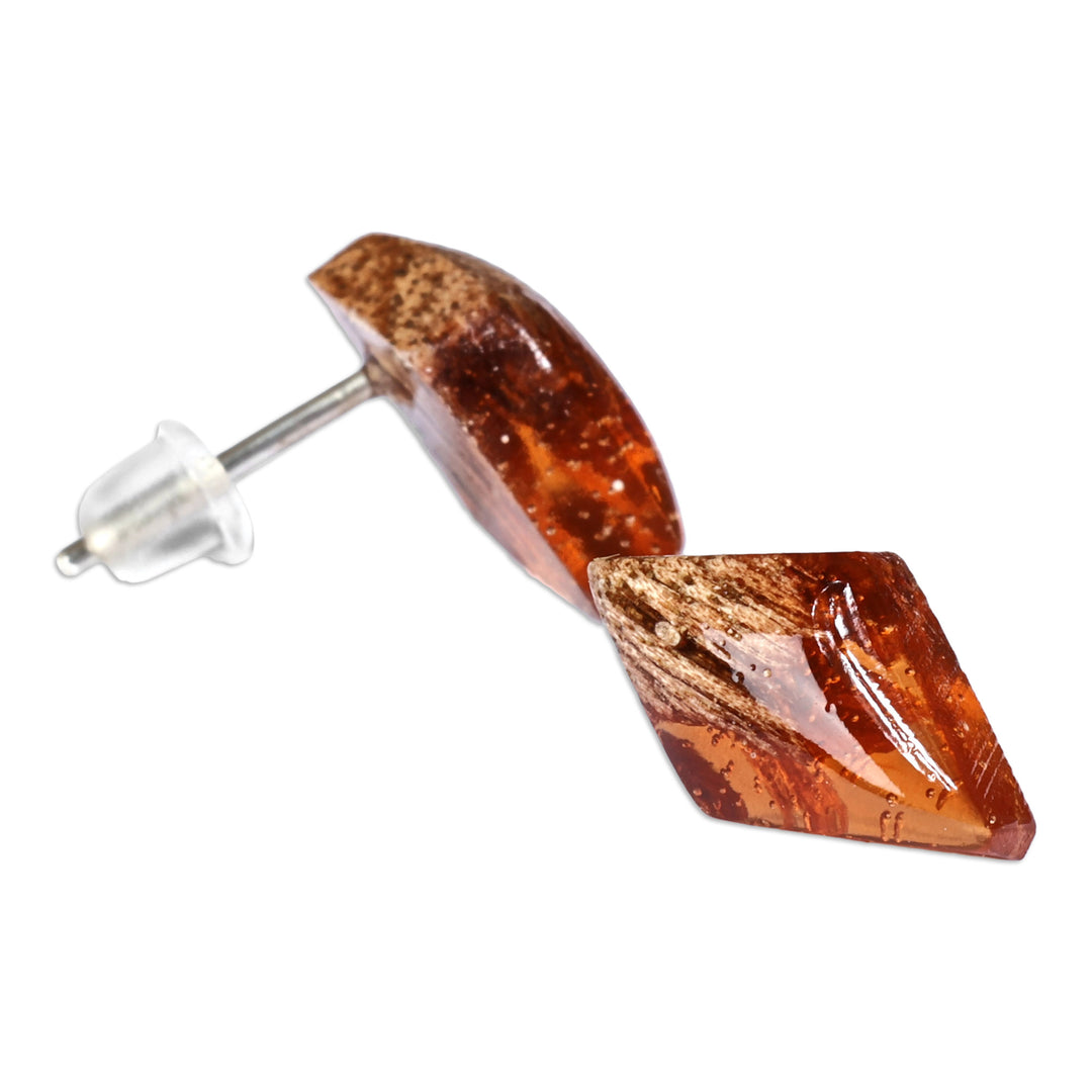 Diamond-Shaped Walnut Wood and Brown Resin Button Earrings - Jewels From the Forest