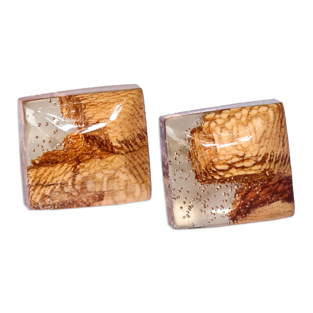 Diamond-Shaped Apricot Wood and Resin Button Earrings - Sylvan Diamond