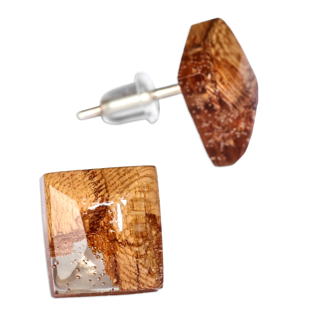 Diamond-Shaped Apricot Wood and Resin Button Earrings - Sylvan Diamond