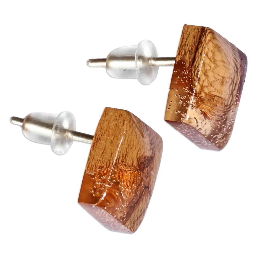 Diamond-Shaped Apricot Wood and Resin Button Earrings - Sylvan Diamond